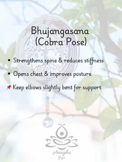 Bhujangasana (Cobra Pose) helps by strengthening the spine, reducing stiffness, and improving posture. I guide clients to keep elbows slightly bent for support.