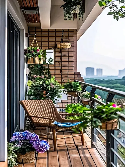 Sometimes, all you need is a single, comfortable chair to create your personal retreat. This wooden armchair is positioned to take full advantage of the view, surrounded by hanging baskets and planters.
