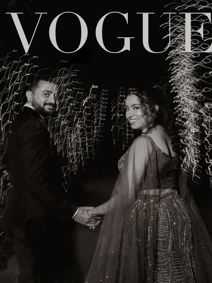 A creative black and white shot of the couple with a "Vogue" overlay, capturing the high-fashion feel of their Sangeet night.