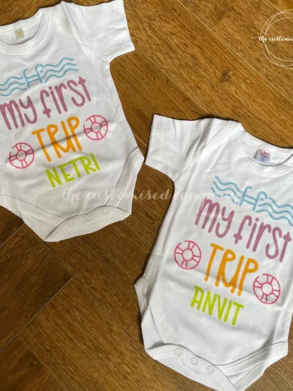 Make baby's first vacation extra memorable with these adorable custom onesies. Each one is printed with "My First Trip" and the baby's name, perfect for capturing those precious travel moments.
