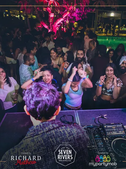 The view from behind the console at the Seven Rivers poolside. It's an amazing feeling to see the whole crowd dancing to your set.