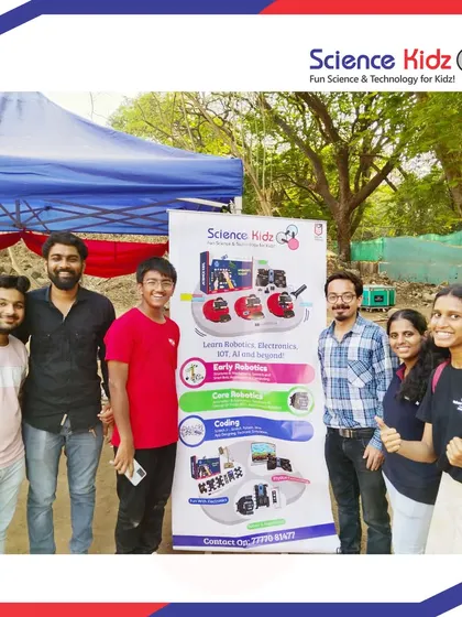 Our dedicated team of mentors and senior students at our Technovanza exhibition stall. We work together to create an engaging and educational experience for all visitors.