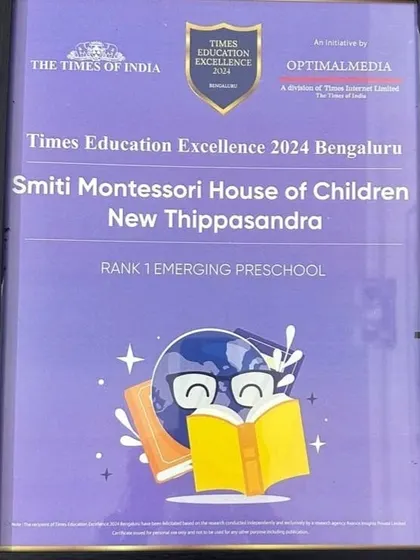 The official certificate from the Times Education Excellence 2024, recognizing Smiti Montessori House of Children as Rank 1 Emerging Preschool.
