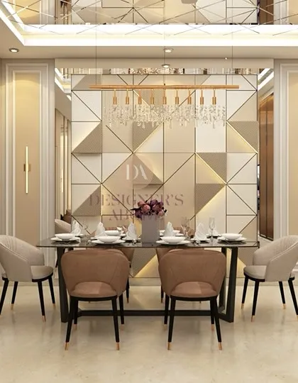 A wider view of the dining area, showing how the mirrored ceiling and wall panels create an illusion of depth. The design is a great example of how we use creative solutions to transform smaller spaces.
