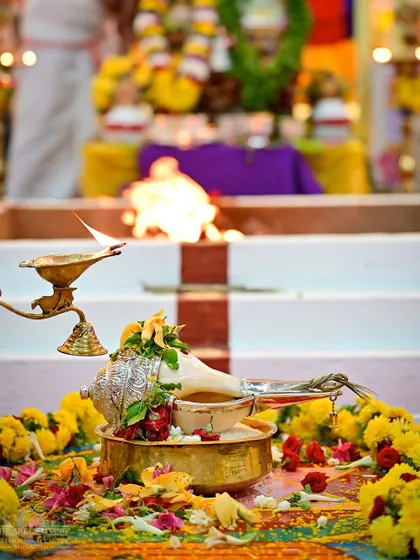 A close-up of the beautifully decorated conch shell used in the Maha Sudarshan Homa. The conch is a symbol of the primordial sound, Om.