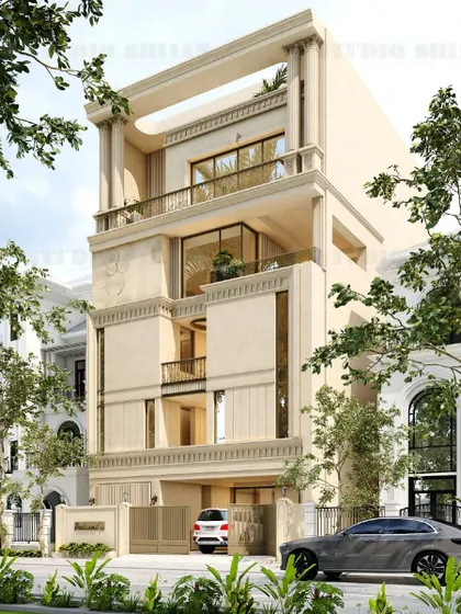 A classical design for a 257.7 sq. yard plot in Varanasi. This facade features prominent columns, arches, and detailed stonework, evoking a sense of timeless grandeur.