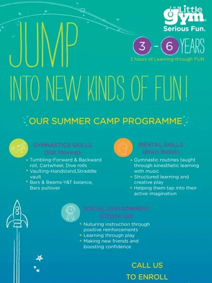 Our summer camp program for 3-6 year olds is detailed here. We focus on gymnastics skills, mental stimulation through creative play, and social development in a positive environment.