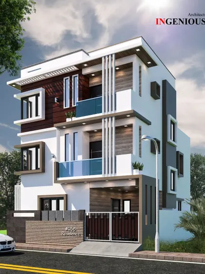A proposed residence in Hennur that uses strong vertical and horizontal lines to create a modern look. The design incorporates varied window placements and a mix of white, grey, and wood tones for a sophisticated finish.