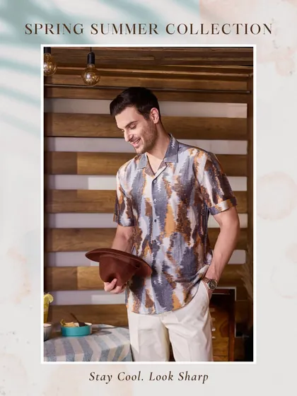 Mocha, Chestnut, or Caramel. This abstract-print shirt in shades of brown is a sophisticated choice for your lounge and travel wardrobe.