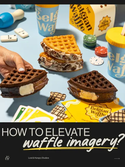 How do you elevate waffle imagery? This shot for The Belgian Waffle Co. shows our approach: using brand colours, playful props, and multiple products to create a dynamic and engaging scene.