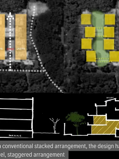 Conceptual diagrams for the IIM married students' housing, illustrating the staggered, split-level arrangement. This was our solution to avoid a conventional stacked apartment block and create more dynamic, private units.