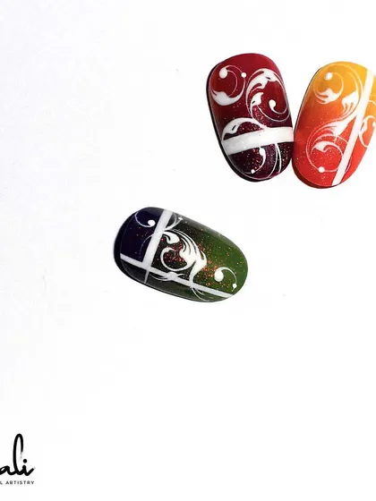 A close-up of the ombre swirl designs, highlighting the smooth color transitions and crisp white lines.
