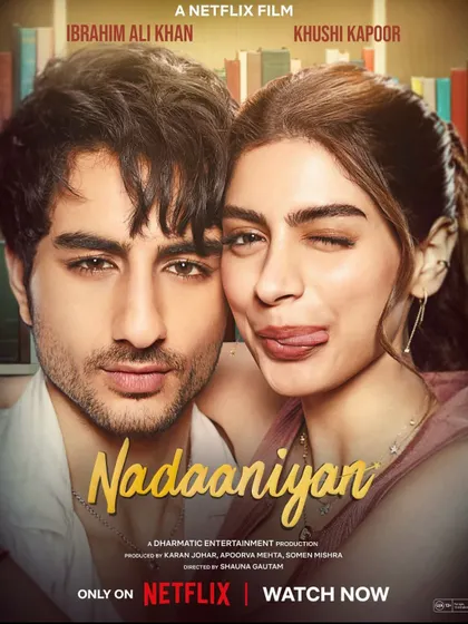 The official poster for the Netflix film 'Nadaaniyan', starring Ibrahim Ali Khan and Khushi Kapoor. I had a wonderful time working on the costume design for the primary cast, creating looks that reflected their youthful and fun characters.