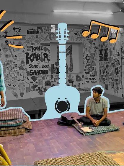 An instructor points to a whiteboard, teaching guitar theory. The graphic of a guitar overlaying the image reinforces the subject of the class.