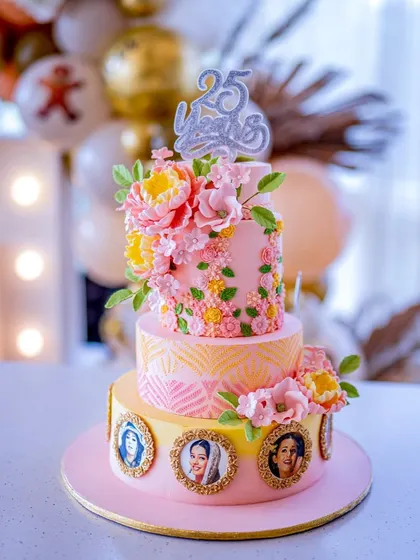 A triple celebration for actress Amrita Rao and RJ Anmol. We created this personalized three-tier cake to celebrate their 10th anniversary, Amrita's 25-year career milestone, and their son Veer's 4th birthday.