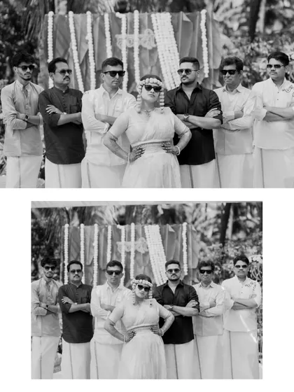 A black and white collage of the bride and her friends posing with a cool, confident attitude during the Haldi festivities.