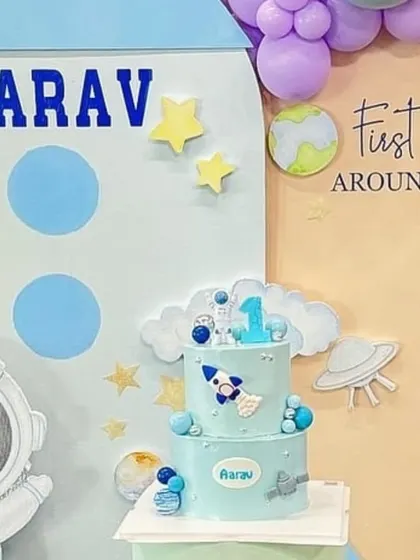The setup perfectly frames the themed cake, showing how my decor complements every element of your party.