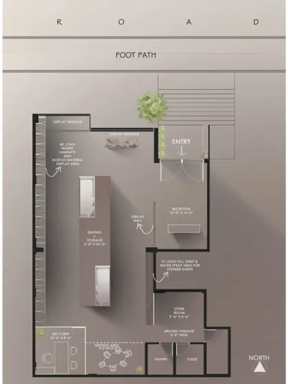 The floor plan for the veneer showroom, designed to guide visitors through a sequence of spaces that showcase the products in different applications.