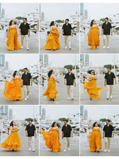 A sequence of nine images showing the couple walking and laughing along the Dubai marina, her yellow dress flowing beautifully. It’s a perfect narrative of their playful connection.