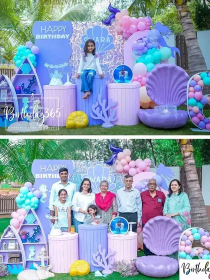 A duplicate of image 28, showing the birthday girl posing on the decor and a family photo from the mermaid party.