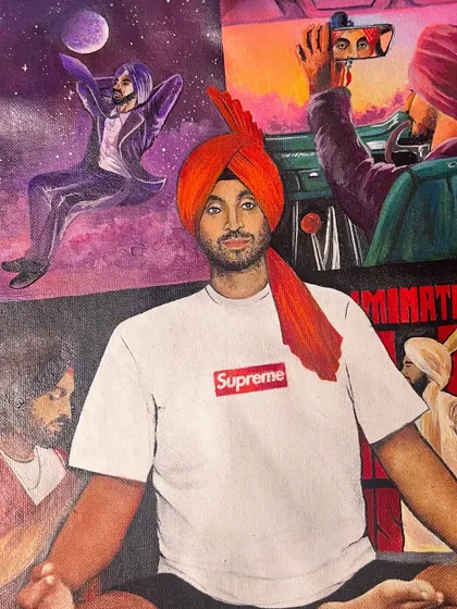 A tribute painting celebrating the artist Diljit Dosanjh. This piece is a collage of different moments from his career, capturing his vibe in a single canvas.