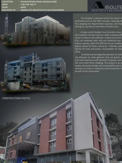 This board shows the St. John's Hospital during its construction phase. The design incorporates a central skylight court for natural light and cross-ventilation, a key passive design strategy to reduce energy consumption.