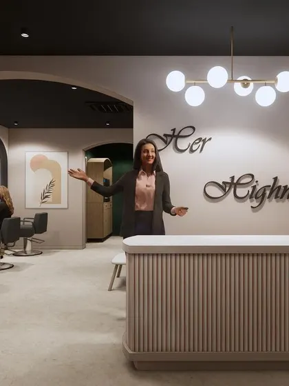 This 3D render shows the initial concept for a salon reception, named 'Her Highness'. The design uses arches and a pastel palette to create a soft, feminine, and empowering atmosphere.