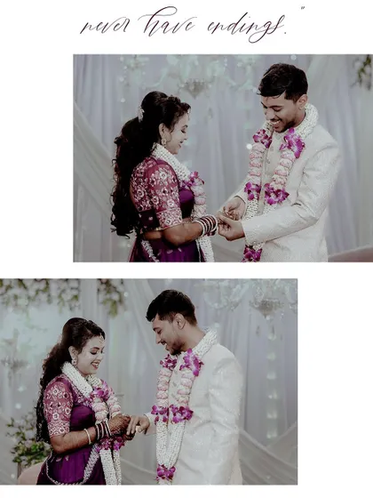 A collage showing the ring exchange during an engagement ceremony. The quote "never have endings" adds a touch of romance to these happy moments.