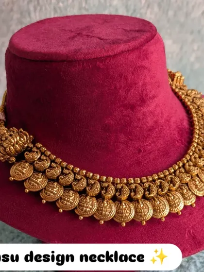 Another view of the Kaasu design necklace, highlighting the beautiful texture and antique finish that gives it a classic, heirloom feel.