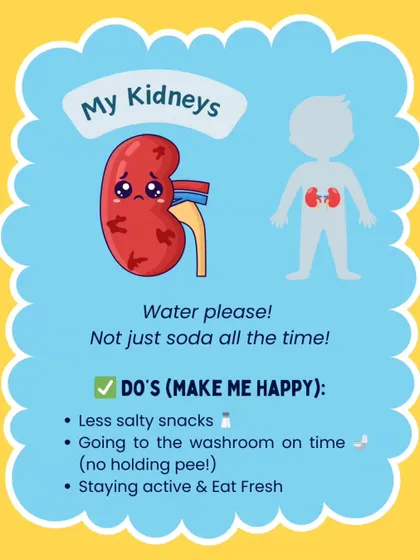 My Kidneys say: "Water please! Not just soda all the time!" I use this to teach children that drinking plenty of water, reducing salty snacks, and going to the washroom on time are key for kidney health.