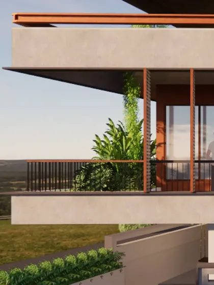 A view from the balcony of the 'Ayana' residence, which is designed to frame the natural landscape. The overhanging roof provides shade, creating a comfortable outdoor space that feels connected to the expansive view.