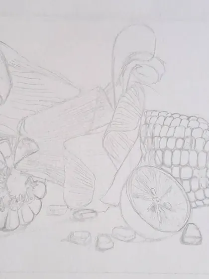 The very first outline sketch for the corn and lemon still life. Every detailed drawing starts with a simple, clean line.