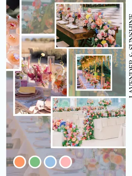 A 'Lavender & Sunshine' themed mood board. This fresh and cheerful blend of colors is perfect for a vibrant and happy celebration, like a Mehendi or Haldi function.