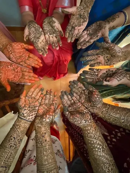 A top-down view of the henna for the bride and her squad. I love seeing all the different patterns and stains together.