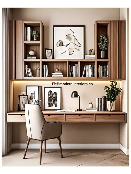 A modern and minimalist study unit. The floating desk and overhead shelving create a light and airy workspace, perfect for staying focused and inspired.