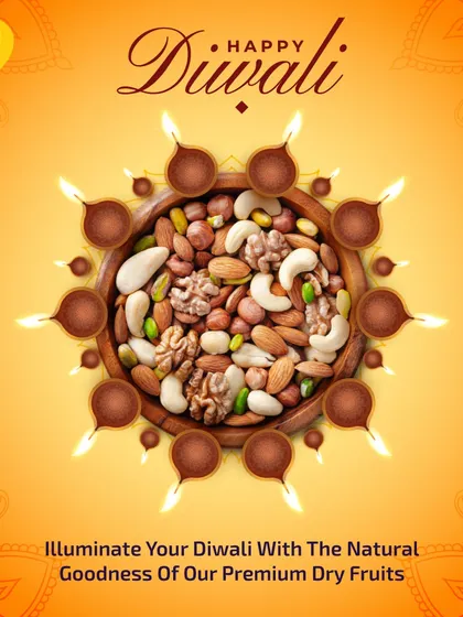 Illuminate your Diwali with the natural goodness of my premium dry fruits. This festive bowl is perfect for serving guests or as a beautiful gift.