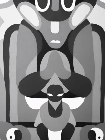 A close-up of the central figure's face.