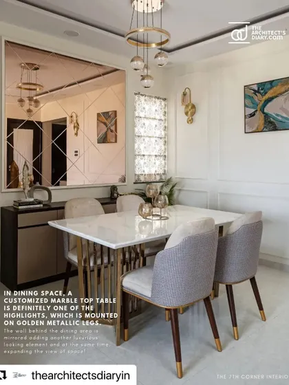 The dining space was highlighted for its customized marble top table and mirrored wall, which adds a glamorous and expansive feel to the room.