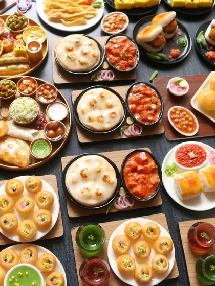 A vibrant flat lay of various Indian street foods and thalis, including pani puri, vada pav, and naan.