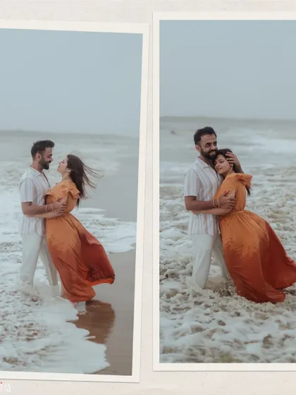A diptych showing the couple embracing in the ocean, with a warm, vintage color grade.