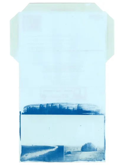A cyanotype print on a vintage inland letter. This piece combines the nostalgia of analog communication with the beauty of alternative process photography, creating a hidden piece of art for the recipient.