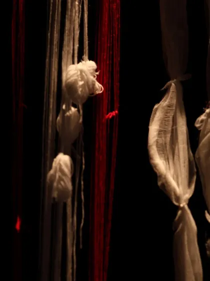 A close-up of the knotted fabric on the set of "Medea."