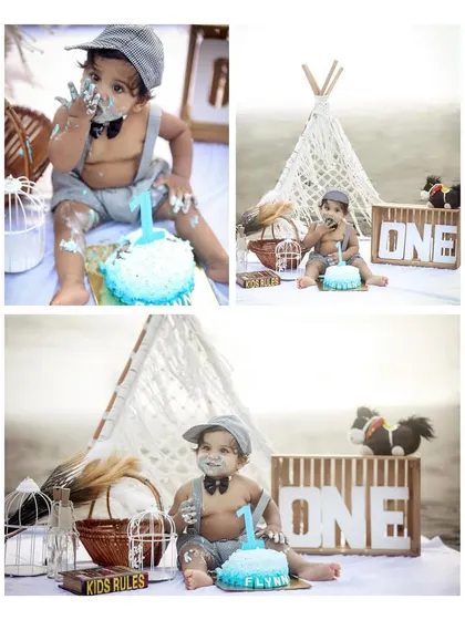 A collage capturing the messy fun of a beach cake smash, with a boho teepee setup.