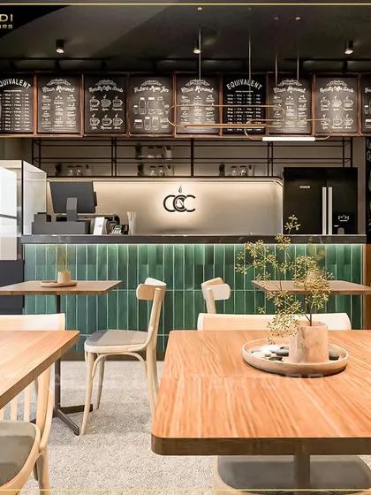 A wider perspective of the cafe interior, showing the relationship between the seating area and the service counter, emphasizing the open and welcoming layout.