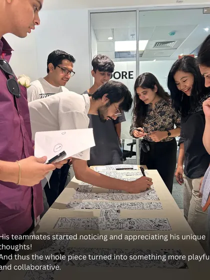 As he doodled his cats, his teammates started to notice and appreciate his unique contribution. This is how a simple art activity sparks connection and collaboration.