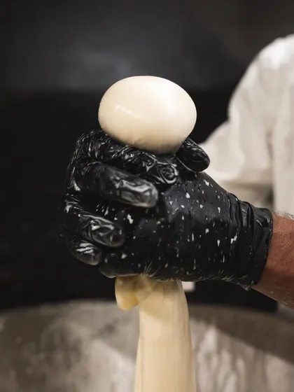 The final shaping of the mozzarella ball. This is the moment it transforms from a stretched curd into the product ready for our kitchen or your home.