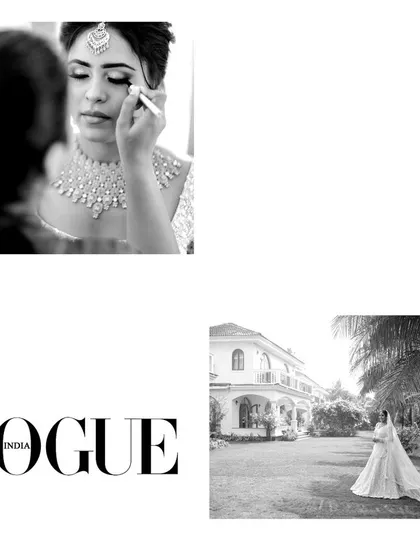 A collage of black and white shots from a Goa wedding, featured in Vogue India.