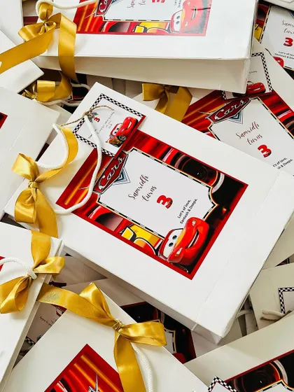The glossy finish on these custom-printed bags makes the "Cars" theme pop, delighting the young party guests.