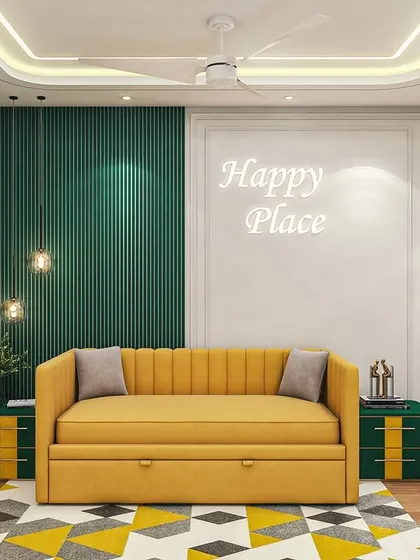 This vibrant guest room features a mustard yellow sofa bed that adds a cheerful pop of color. The "Happy Place" neon sign and emerald green accent wall make the room feel fun and welcoming.
