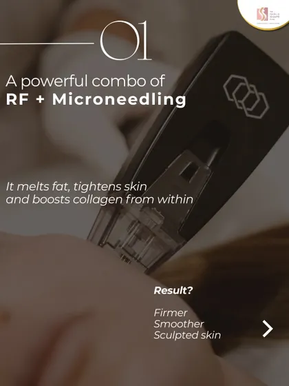 This graphic explains the powerful combination of radiofrequency and microneedling. The device delivers RF energy deep into the skin to melt fat and stimulate collagen, resulting in firmer, smoother, and more sculpted skin.